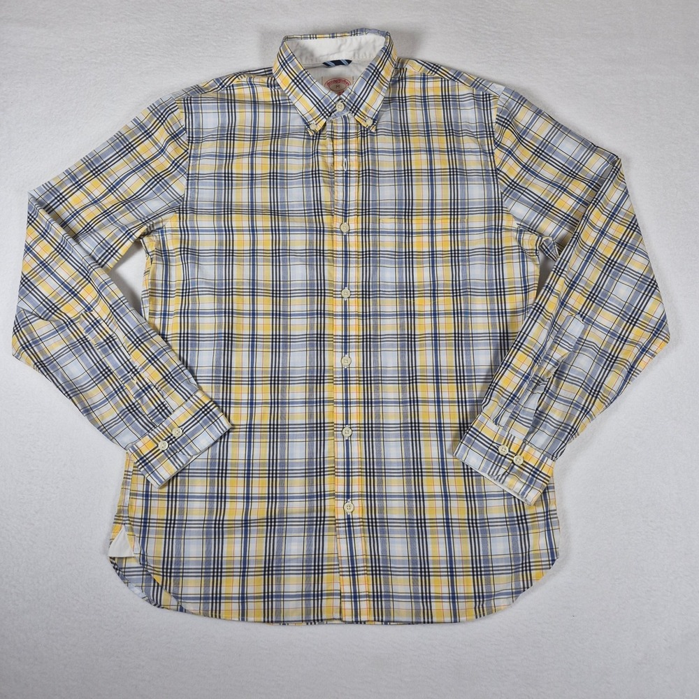 Brooks Brothers Button Down Shirt Mens M Yellow Excellent Plaid Long Sleeve